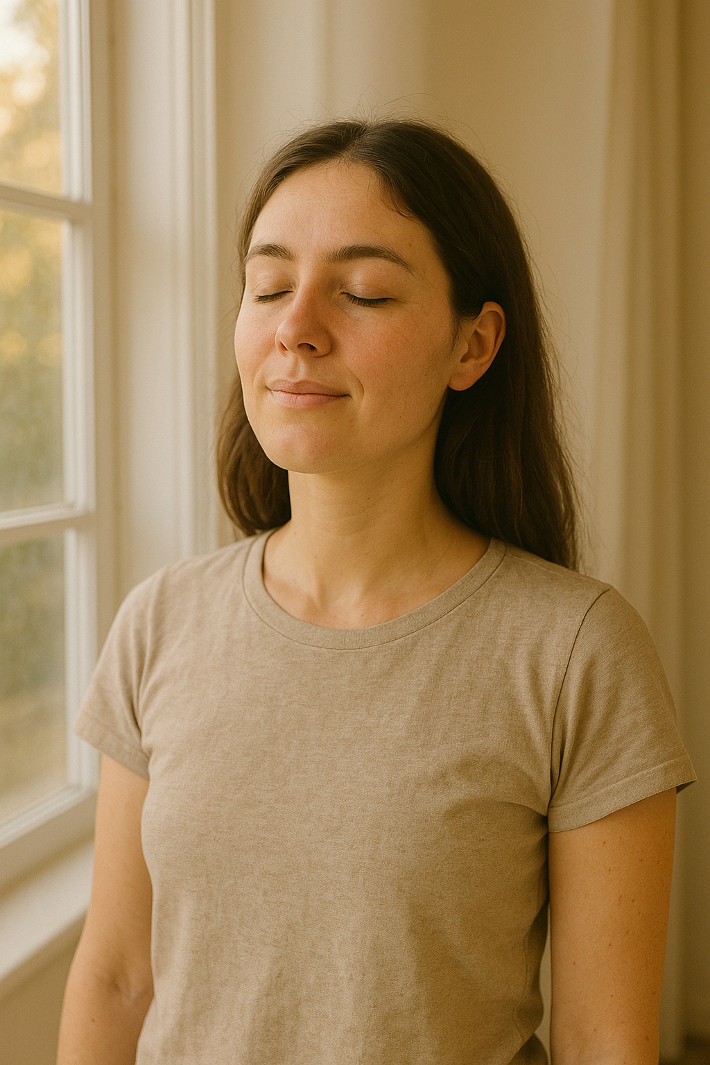 Mujer relajada en ambiente luminoso, símbolo de bienestar tras terapia de ansiedad en Valencia