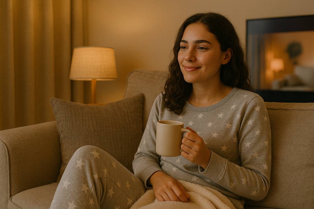 Terapia de ansiedad en Valencia y online: una mujer relajada viendo una película tranquila en casa